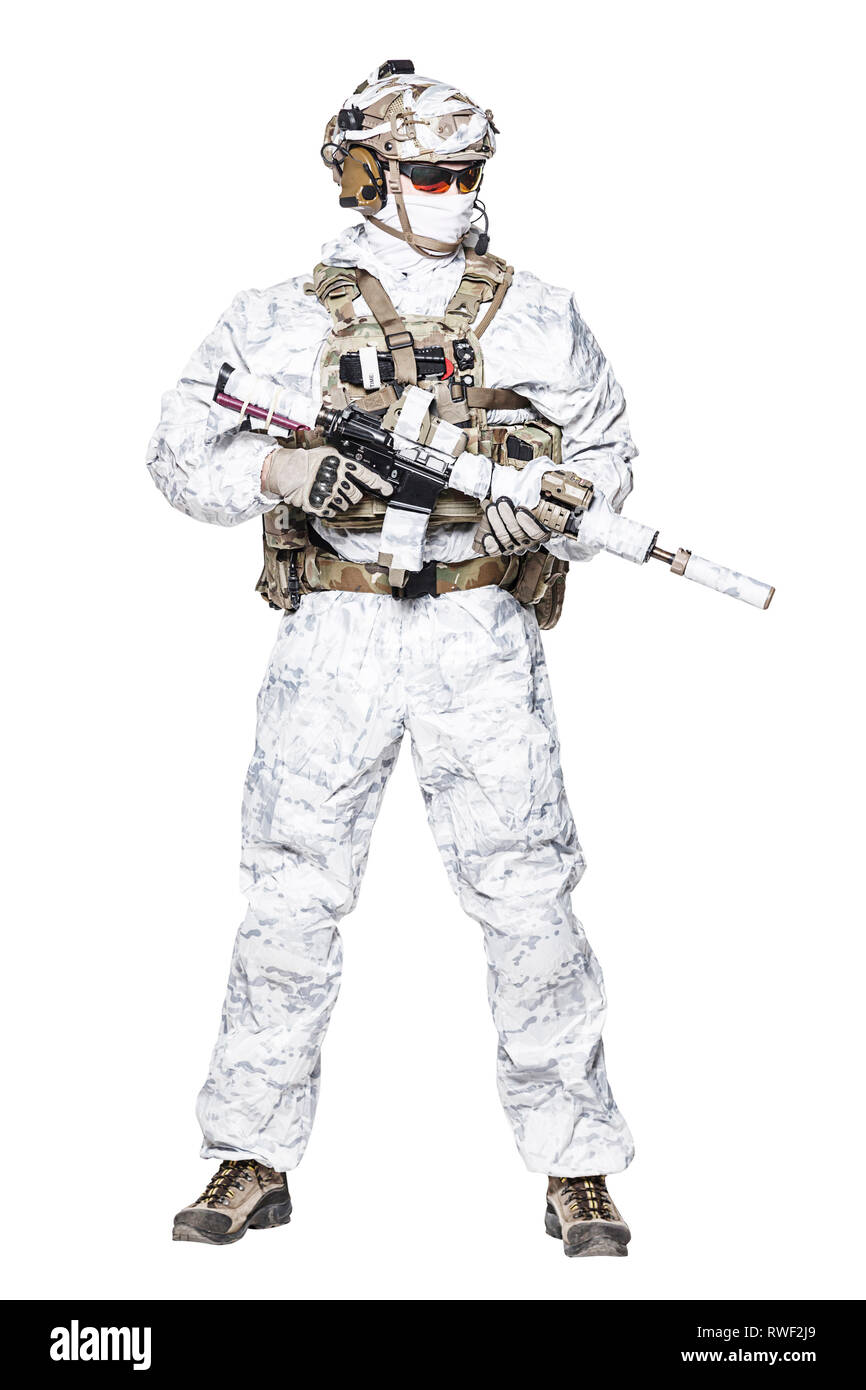 Special forces operator of Navy Seals armed with assault rifle. Stock Photo
