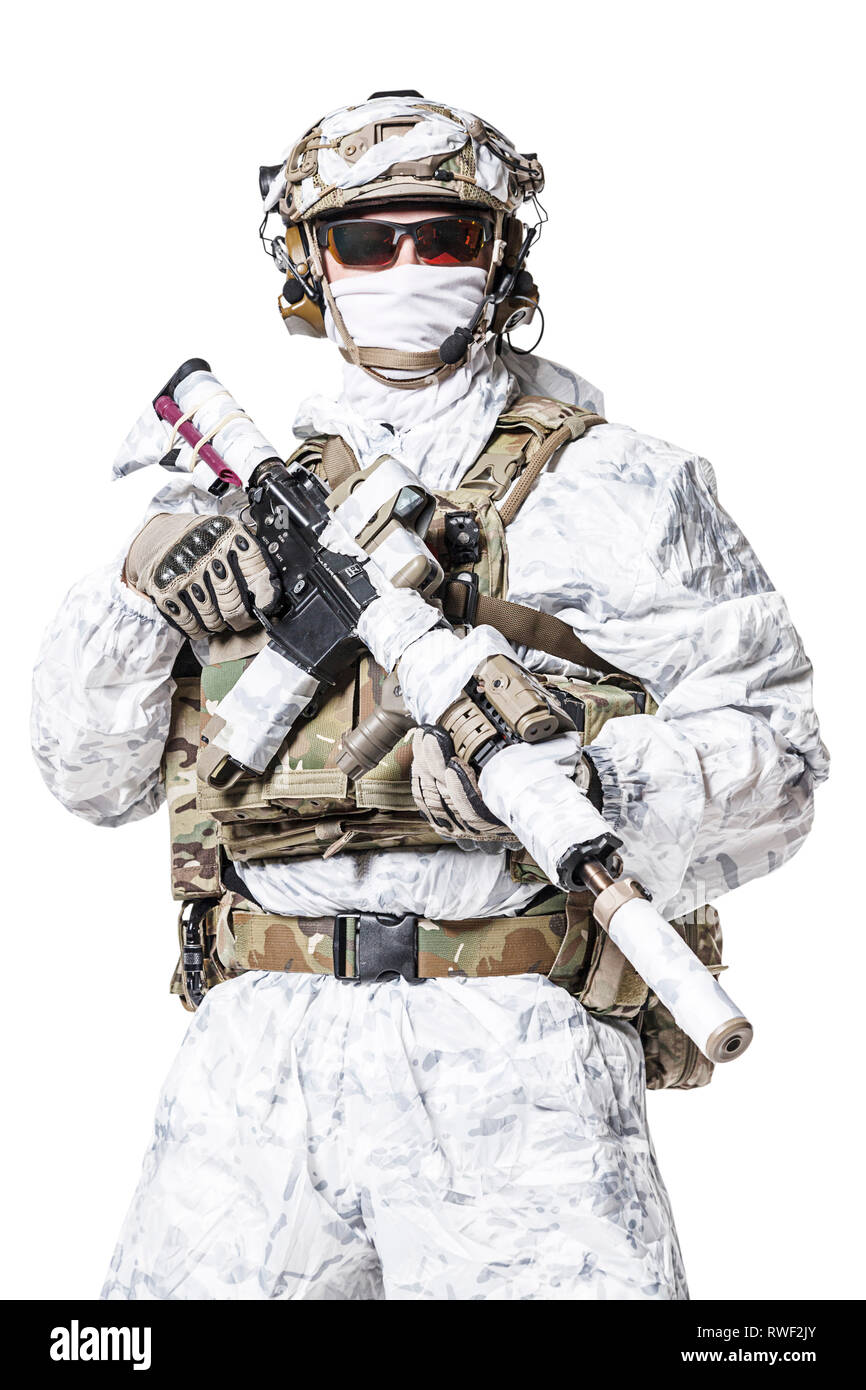 Special forces operator of Navy Seals armed with assault rifle. Stock Photo