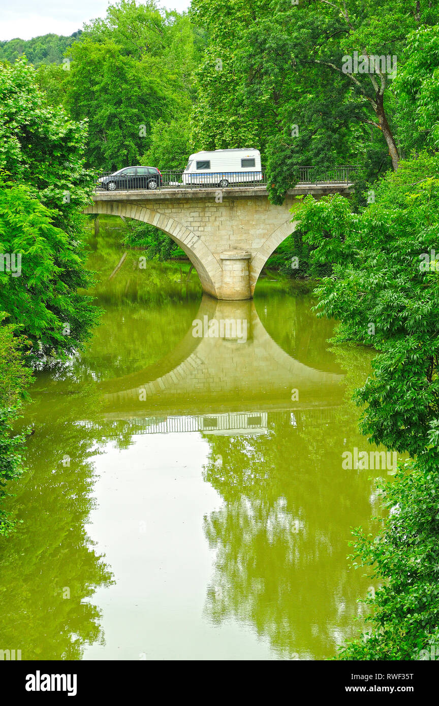 bridge over River Dropt on highway D933 at Eymet, Dordogne Department, Aquitaine, France Stock Photo