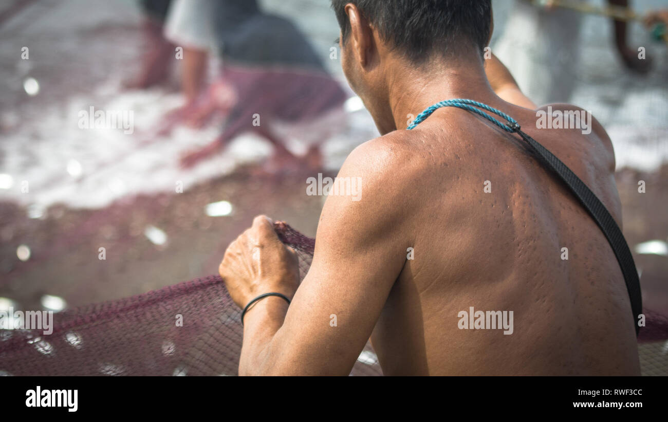Fisherman pulling fish from pink net, closeup on beach - Antique, Philippines Stock Photo