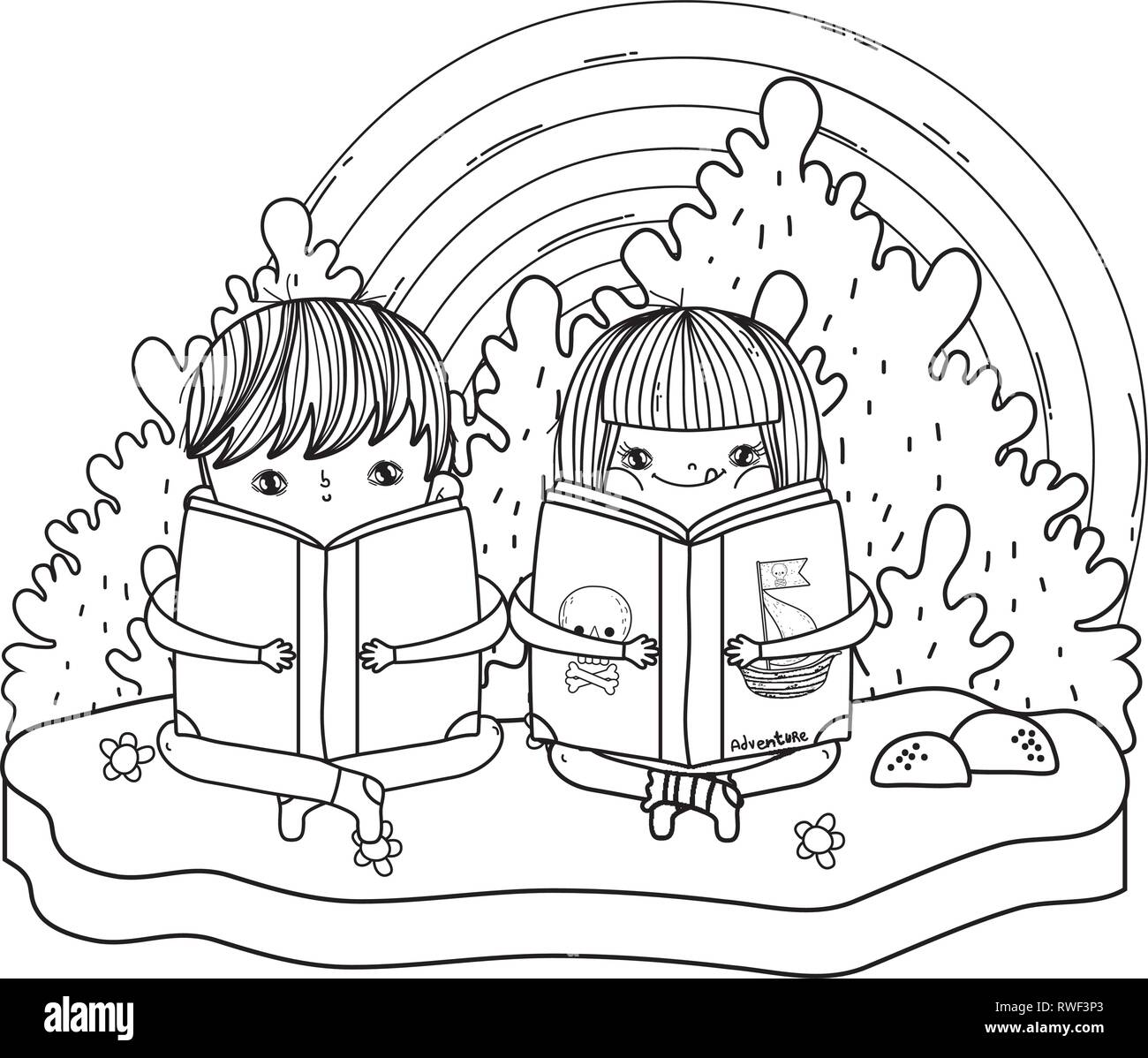 happy little kids reading books in the landscape Stock Vector Image ...
