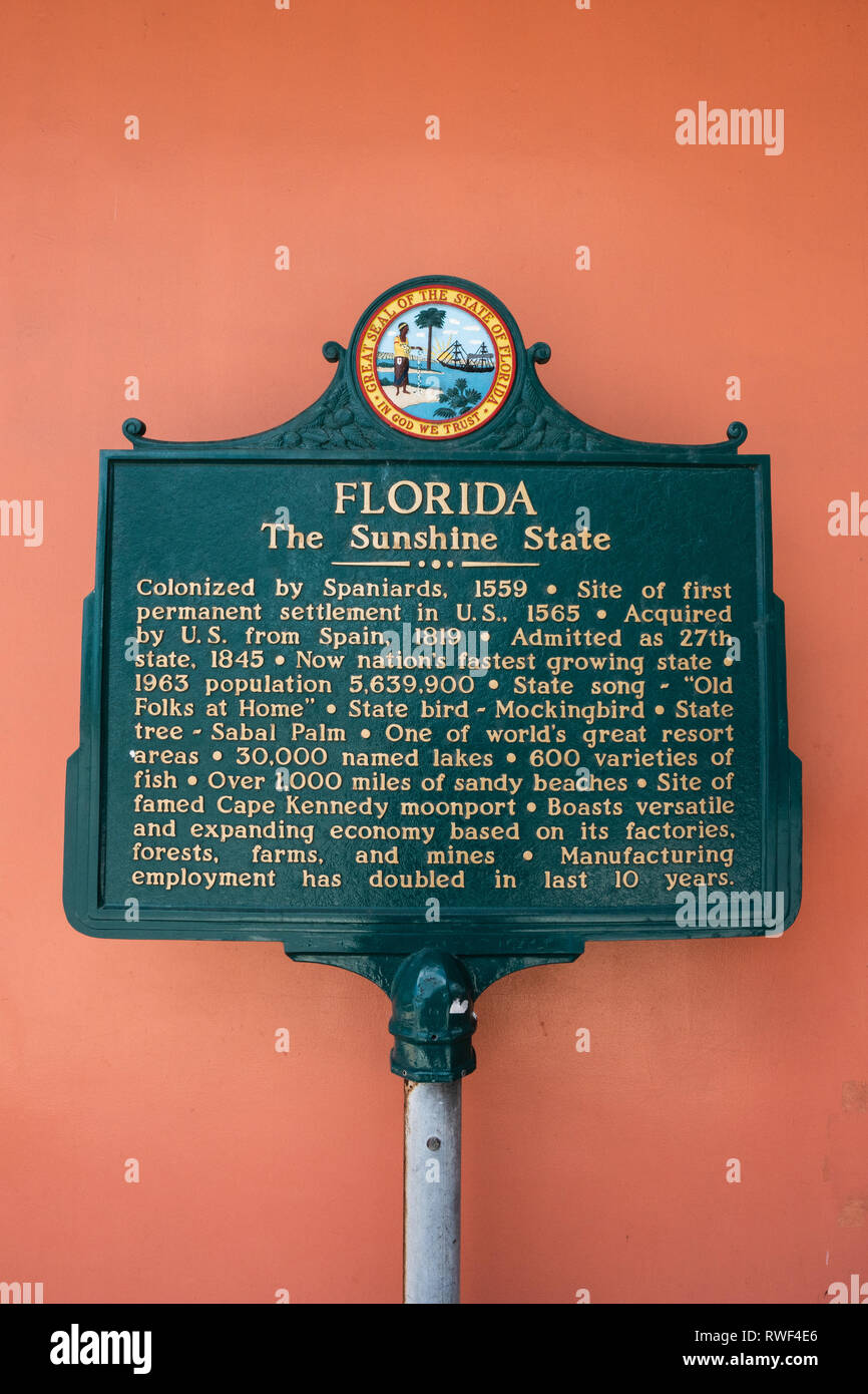 St Augustine, FL - June 16, 2018: Florida the Sunshine State sign gives facts about the state. Stock Photo