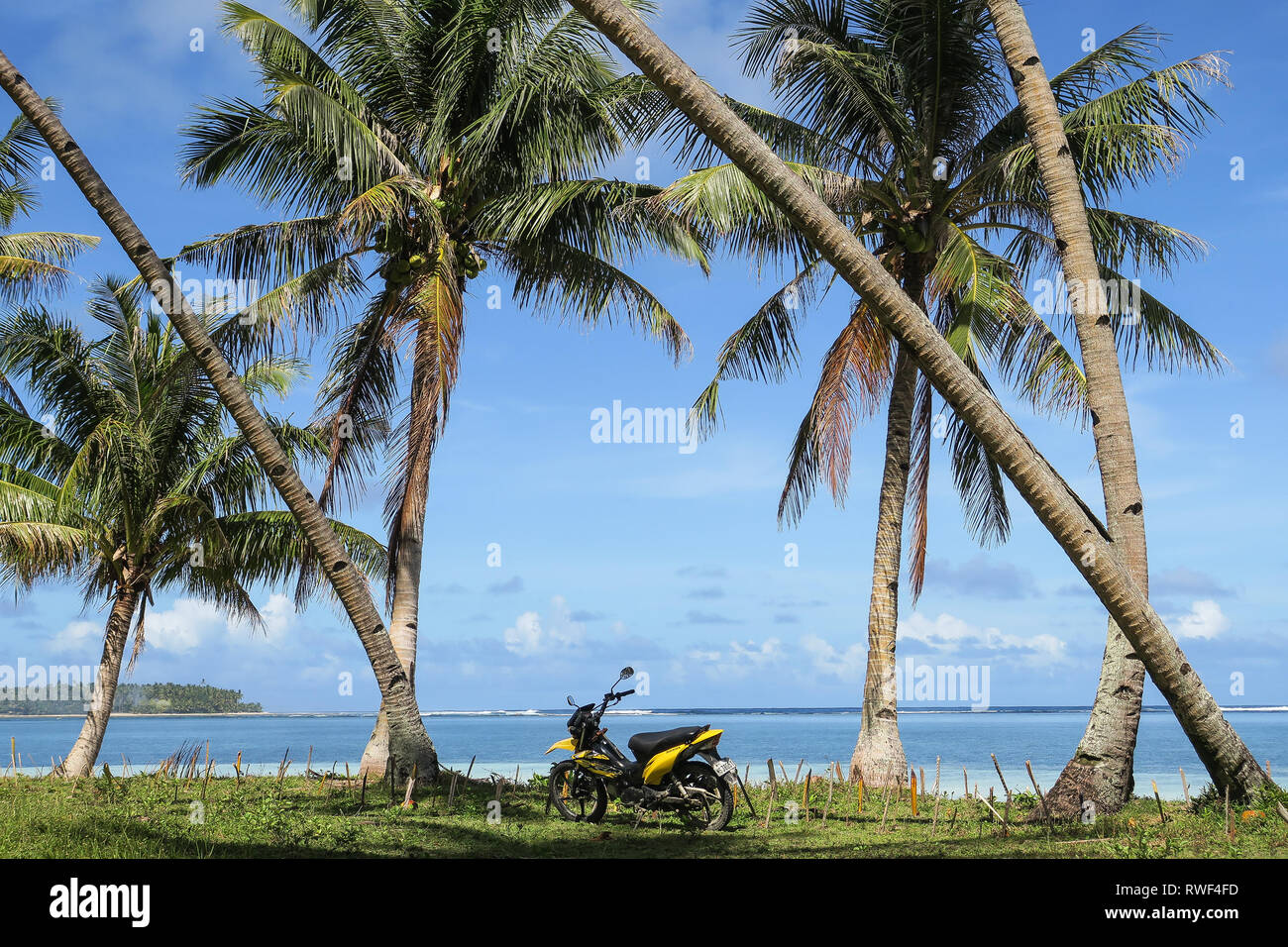 Yellow Rental Motorbike parked at  Palm Tree Beach - Siargao, Philippines Stock Photo