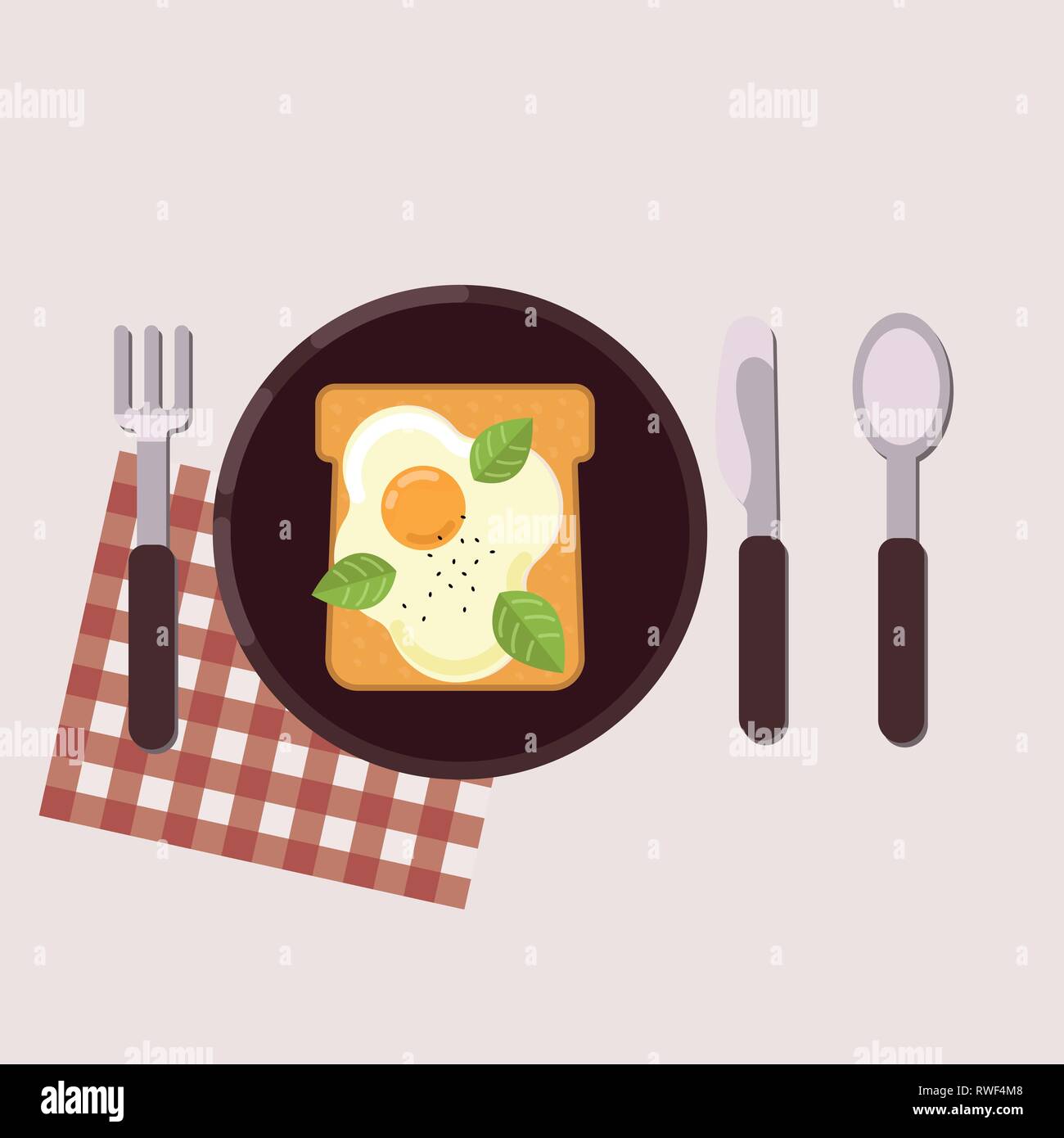 Toast with fried egg served on a plate with fork, knife, spoon and napkin Healthy food Vector illustration Stock Vector