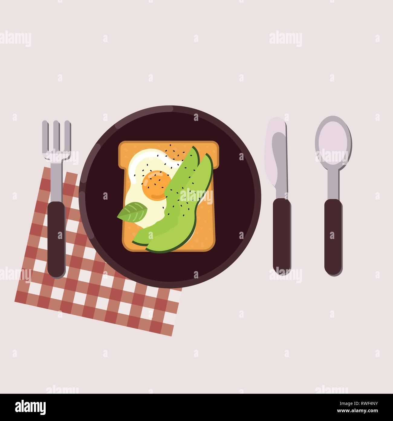 Toast with fried egg and avocado served on a plate with fork, knife, spoon and napkin Healthy food Vector illustration Stock Vector