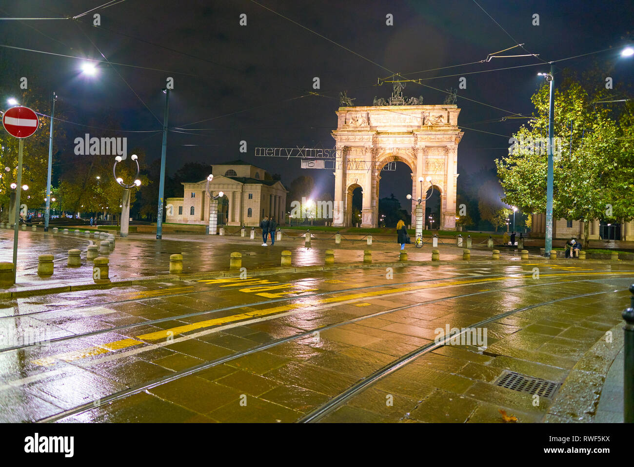 MILAN, ITALY - CIRCA NOVEMBER, 2017: Porta Sempione in Milan at night ...