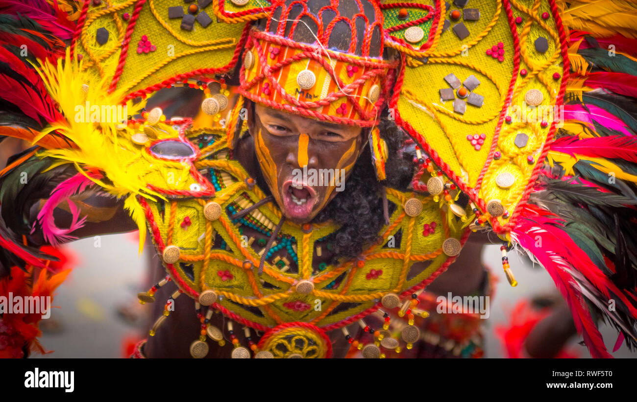 Warrior Man Closeup at Dinagyang Festival, Iloilo - Philippines Stock Photo