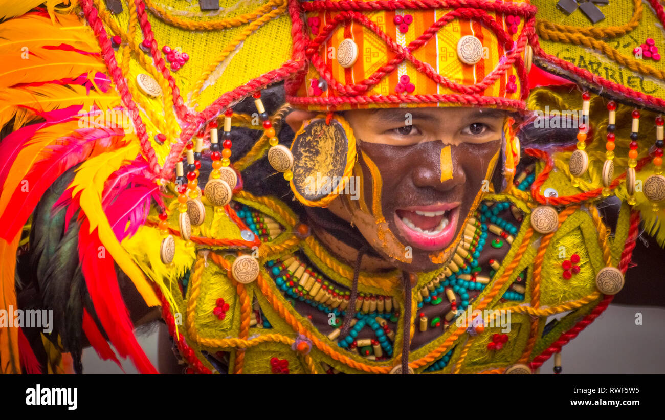 Warrior Decorated Dancer Closeup at Dinagyang Festival, Iloilo - Philippines Stock Photo
