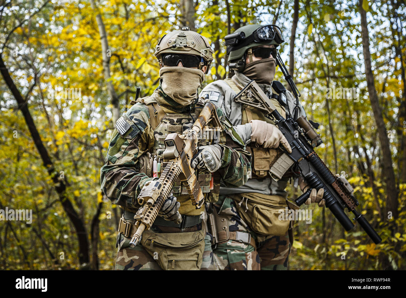 Two U.S. Marine Corps Marsoc raiders in camouflage uniforms in the forest  Stock Photo - Alamy