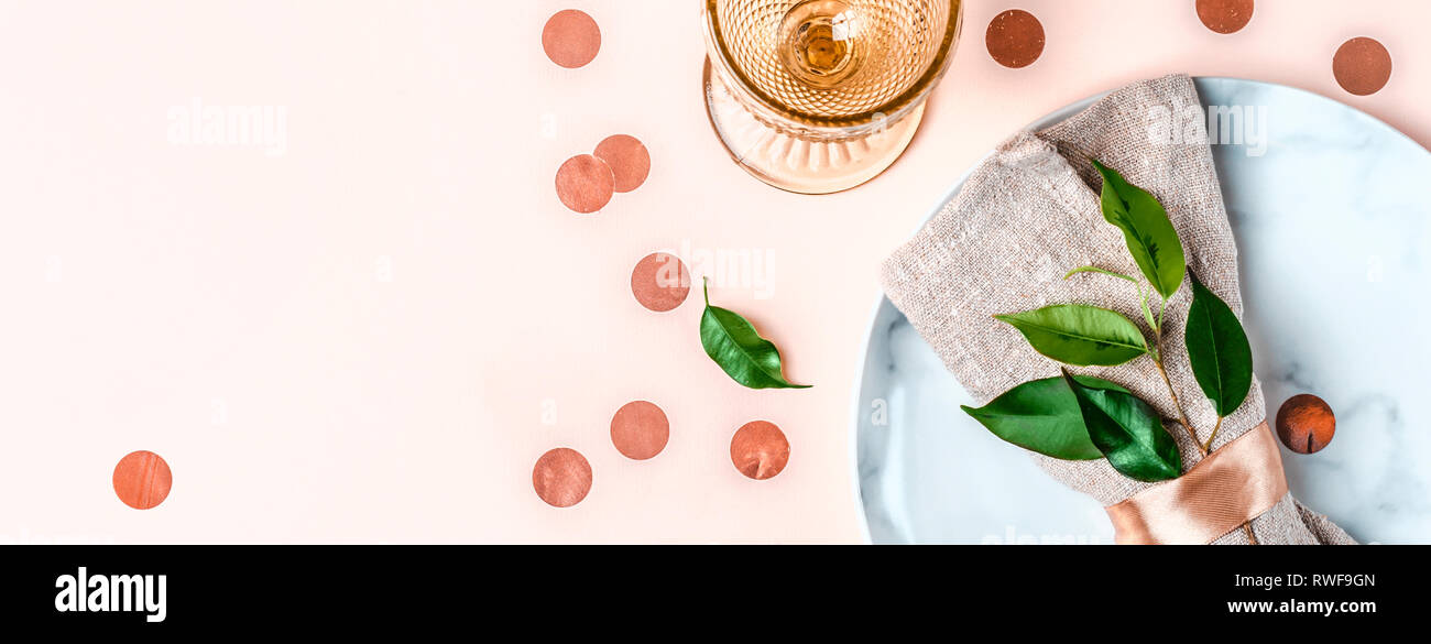 Wedding or festive table setting in natural style. Banner format. Stock Photo