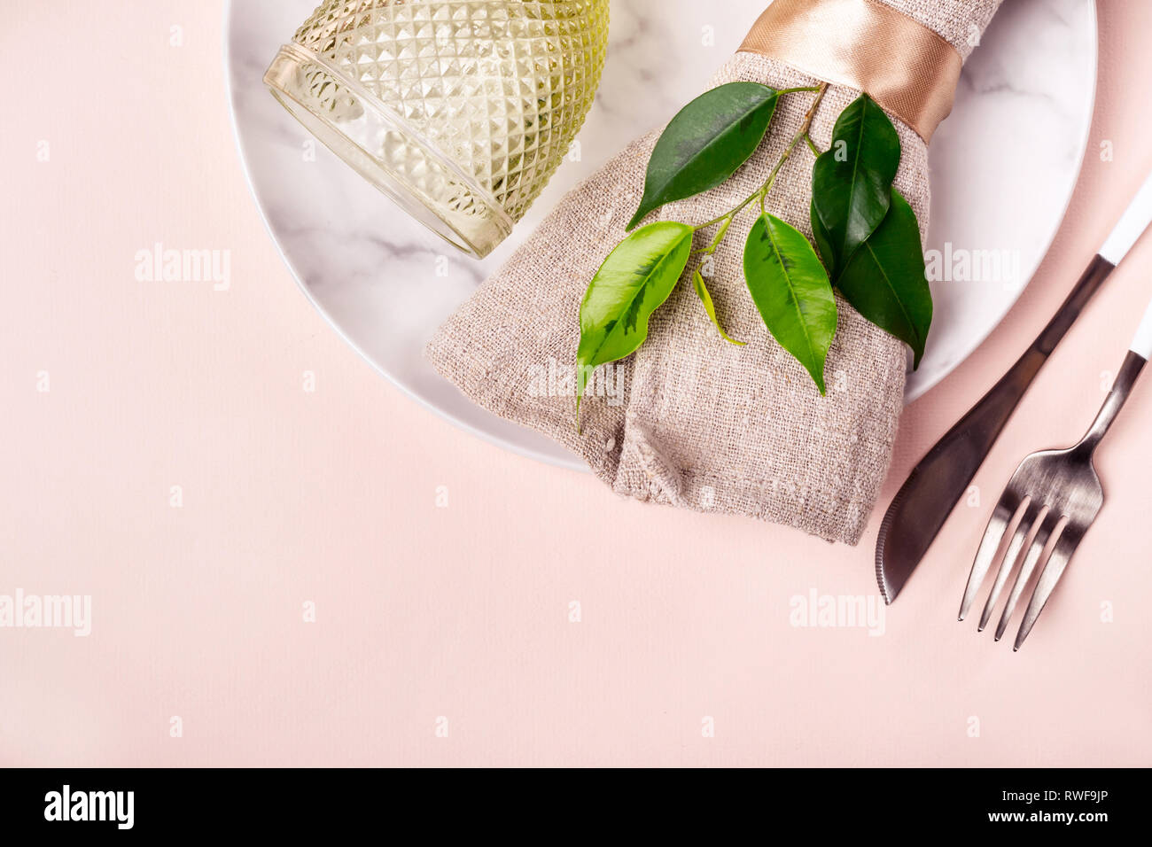 Spring or summer natural table setting. Minimalistic arrangement. Stock Photo
