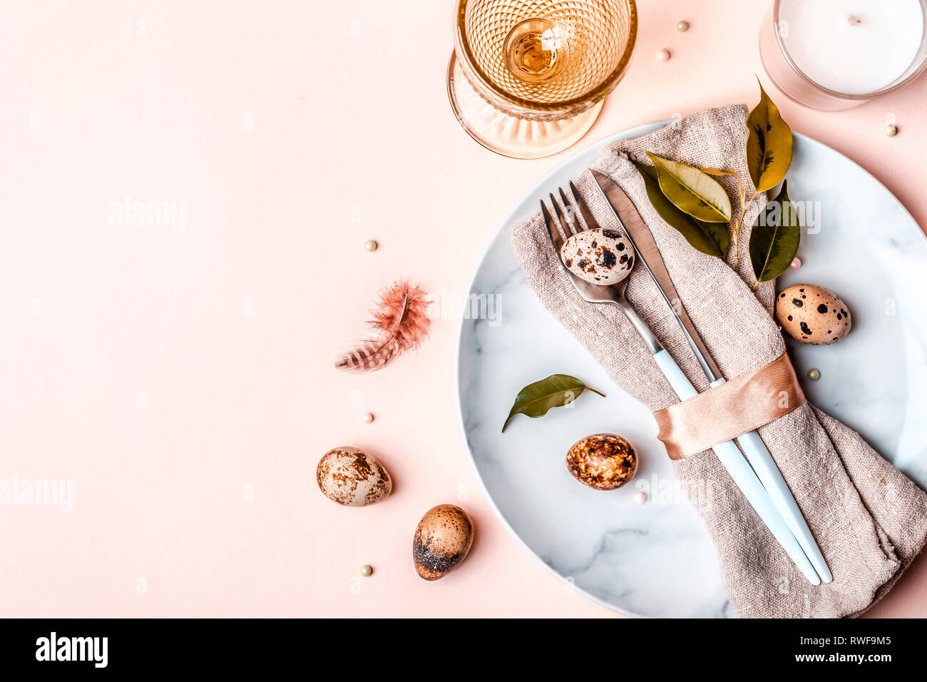 Easter festive table setting in natural style. Beautiful arrangement. Stock Photo