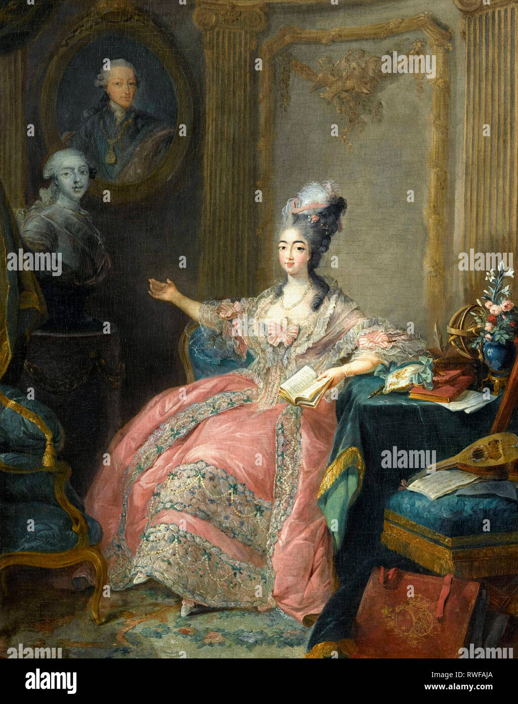 Portrait of Marie Joséphine of Savoy (1753-1810), Countess of Provence pointing to a bust of her husband overlooked by a portrait of her father - Jean-Baptiste André Gautier-Dagoty, circa 1777 Stock Photo