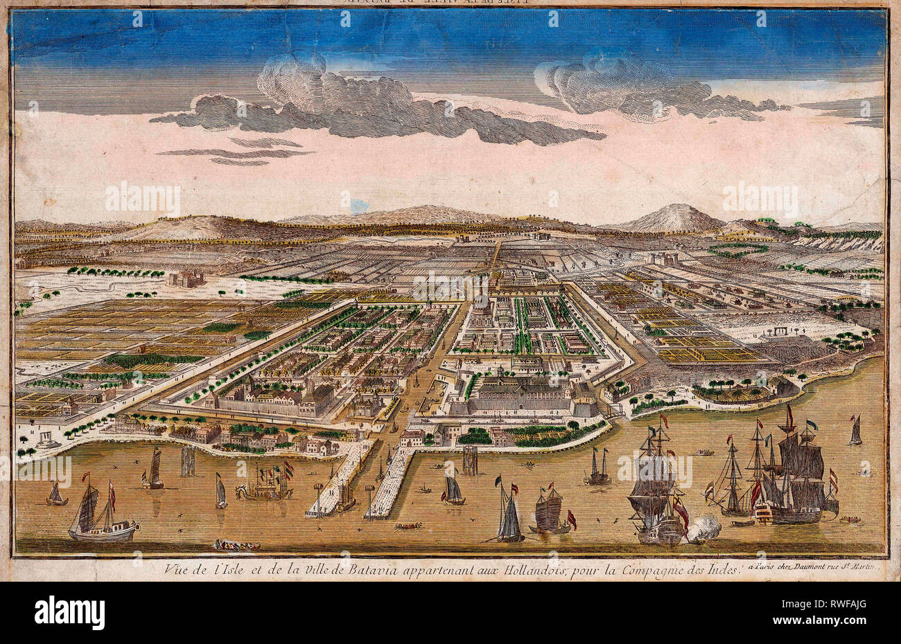 View of the island and the city of Batavia belonging to the Dutch, for the East India Company, circa 1780 Stock Photo