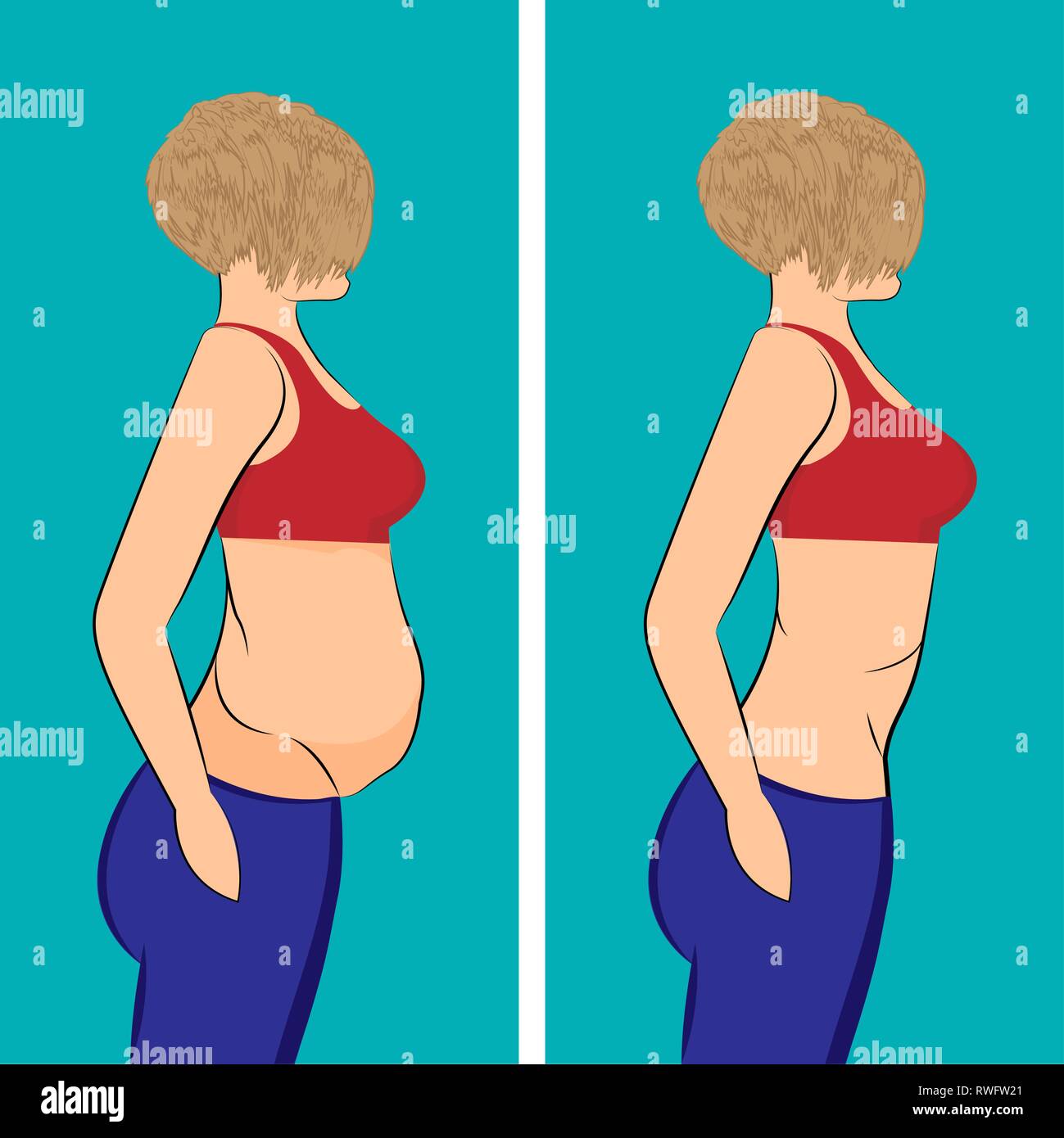 Fat and slim girl. before and after. Reshaping  vector illusstration Stock Vector