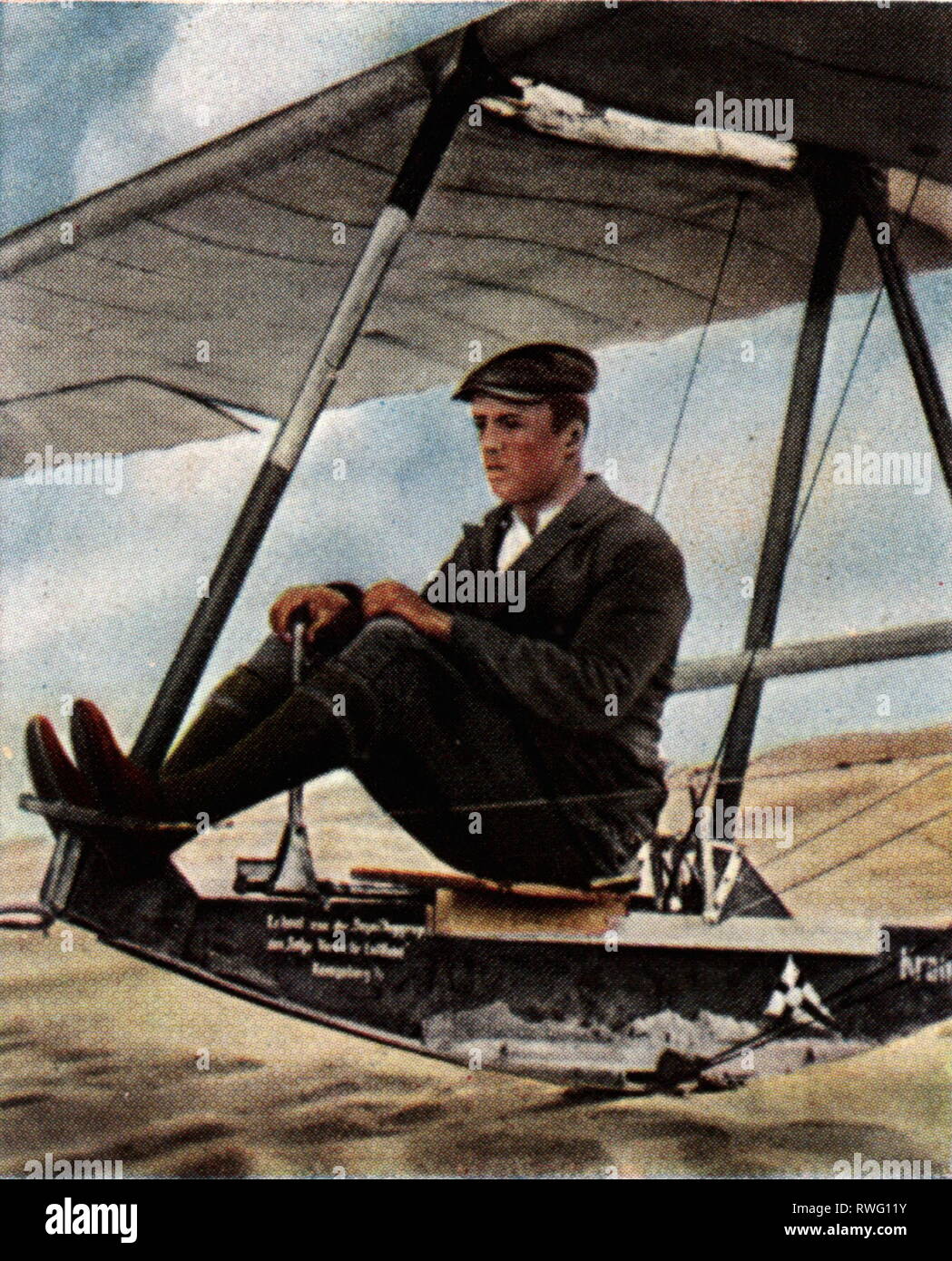 Schulz, Ferdinand, 18.12.1892 - 16.6.1929, German aviator, full length, at the last preparations for his glider flight record, Rossitten, East Prussia, April 1927, coloured photograph, cigarette card, series 'Die Nachkriegszeit', 1935, Additional-Rights-Clearance-Info-Not-Available Stock Photo