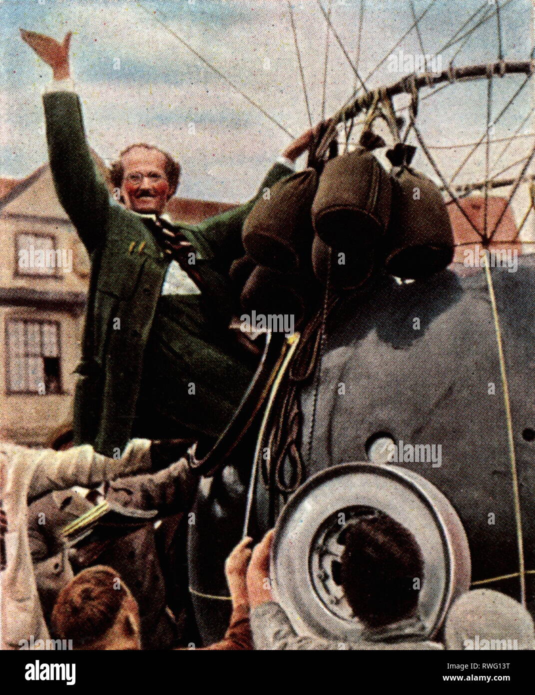 Piccard, Auguste, 28.1.1884 - 25.3.1962, Swiss physicist and inventor, half length, take-off to the record flight with the balloon FNRS-1, Augsburg, 27.5.1931, coloured photograph, cigarette card, series 'Die Nachkriegszeit', 1935, Additional-Rights-Clearance-Info-Not-Available Stock Photo