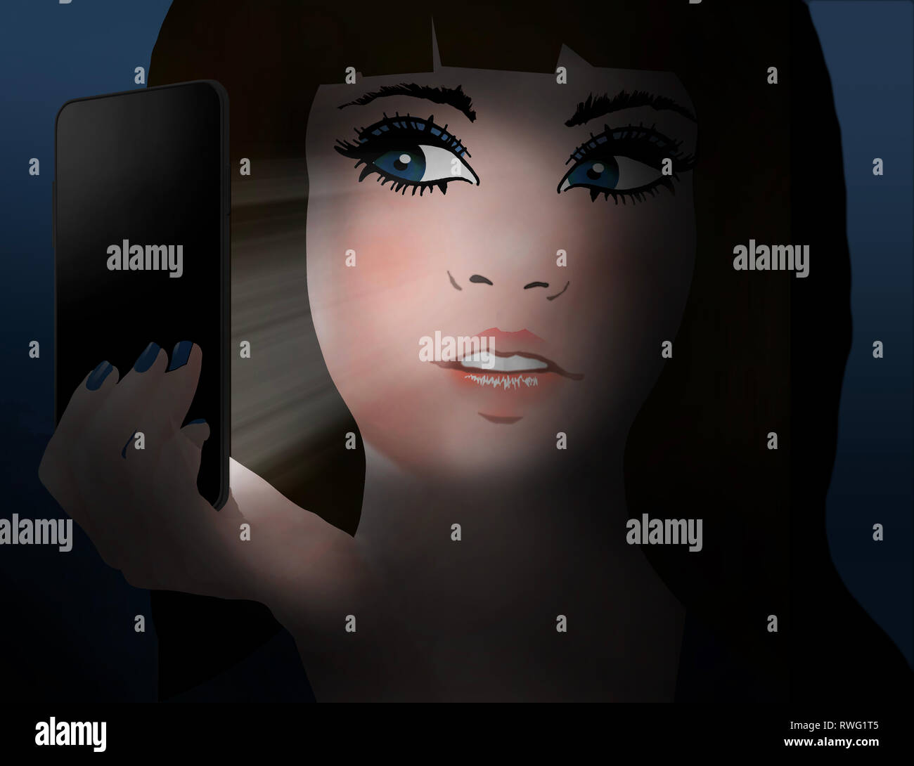 A teen girl looks at her cell phone that is emitting the light that illuminates her face. This is an illustration. Stock Photo