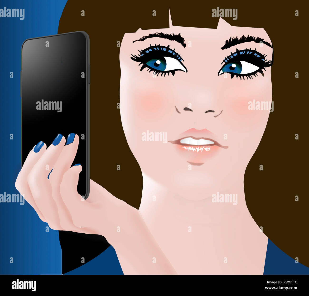 A teen girl looks at her cell phone that is emitting the light that illuminates her face. This is an illustration. Stock Photo