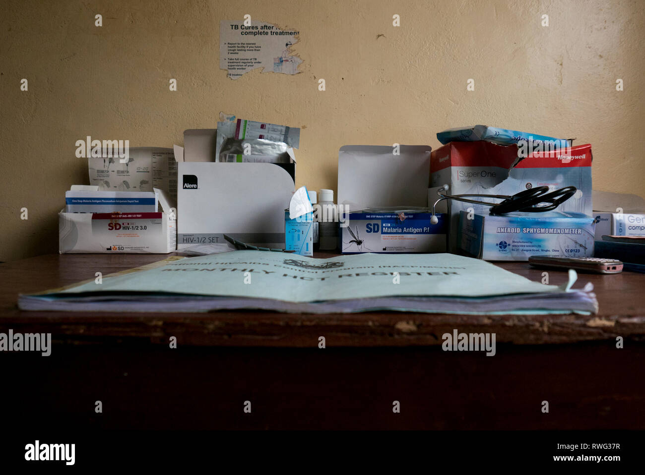 HIV clinic desk and supplies in Freetown, Sierra Leone. Stock Photo