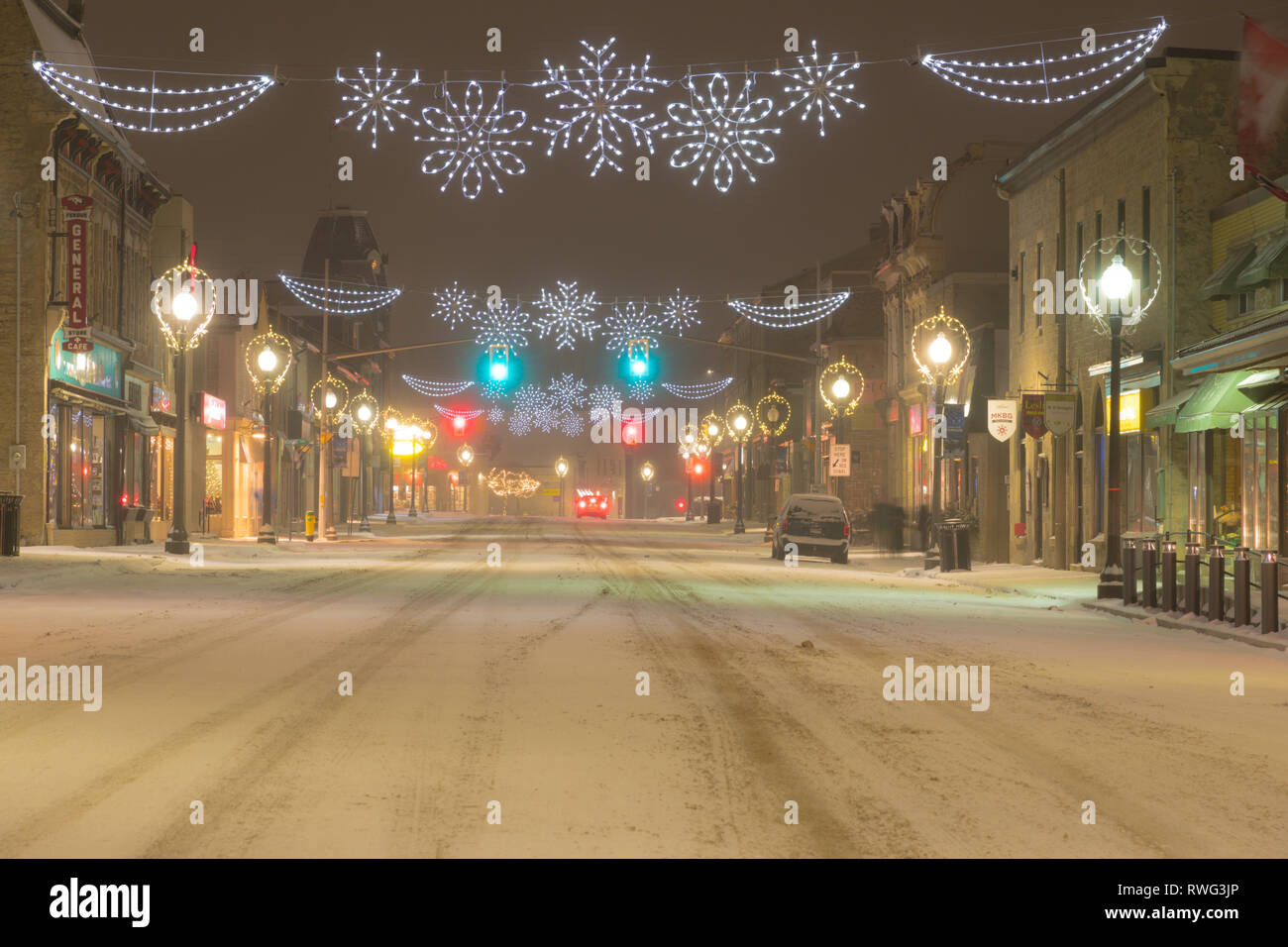 Main street in Fergus on a snowy night with Christmas lights. Fergus