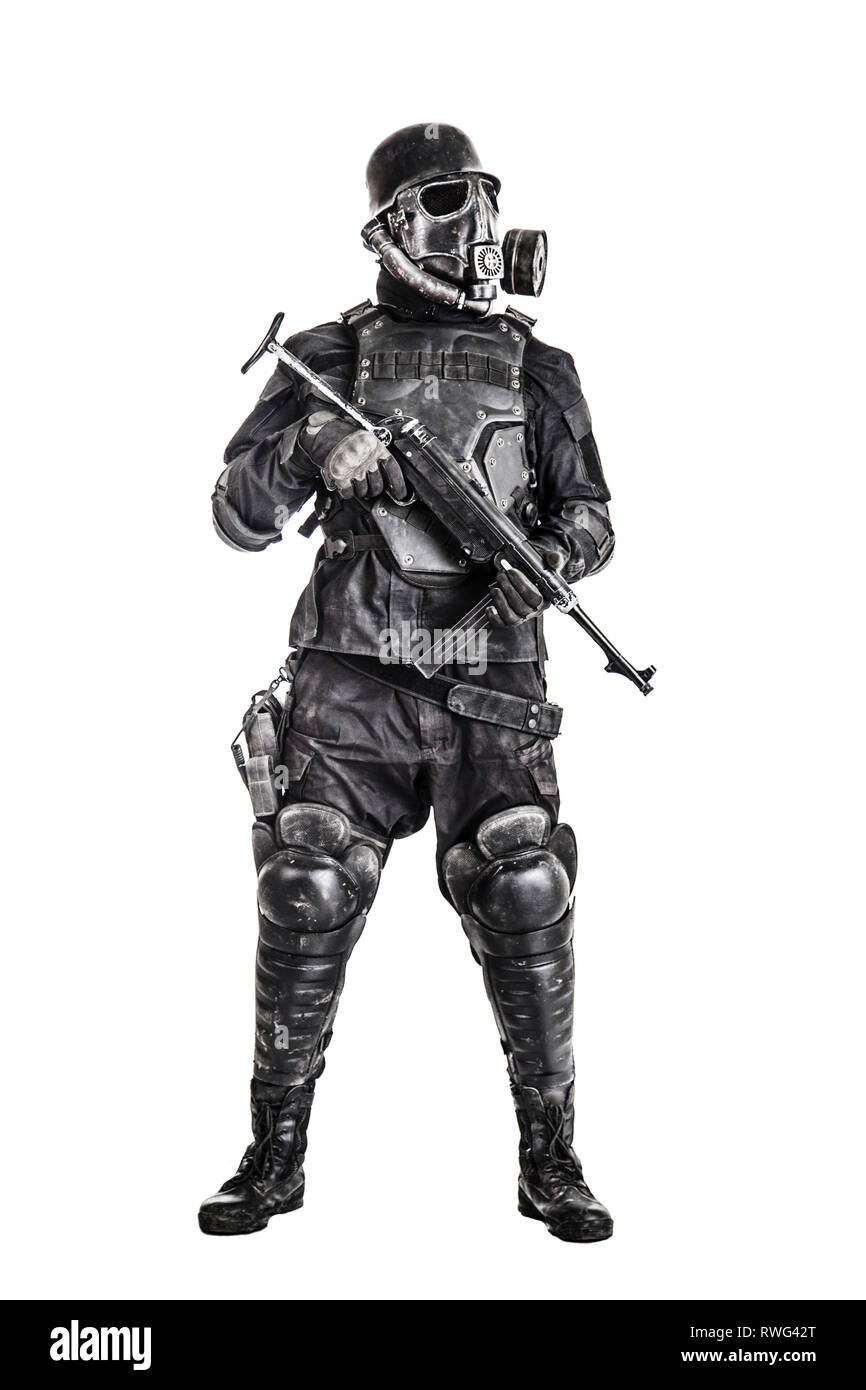 Full Length Portrait Of A Futuristic Nazi Soldier With Submachine Gun Stock Photo Alamy