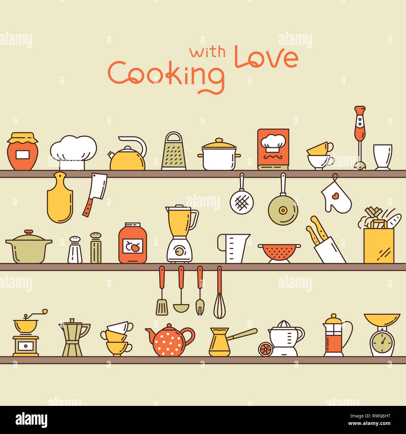 Seamless horizontal pattern with kitchen shelves full of various kitchen items and tools. Stock Vector