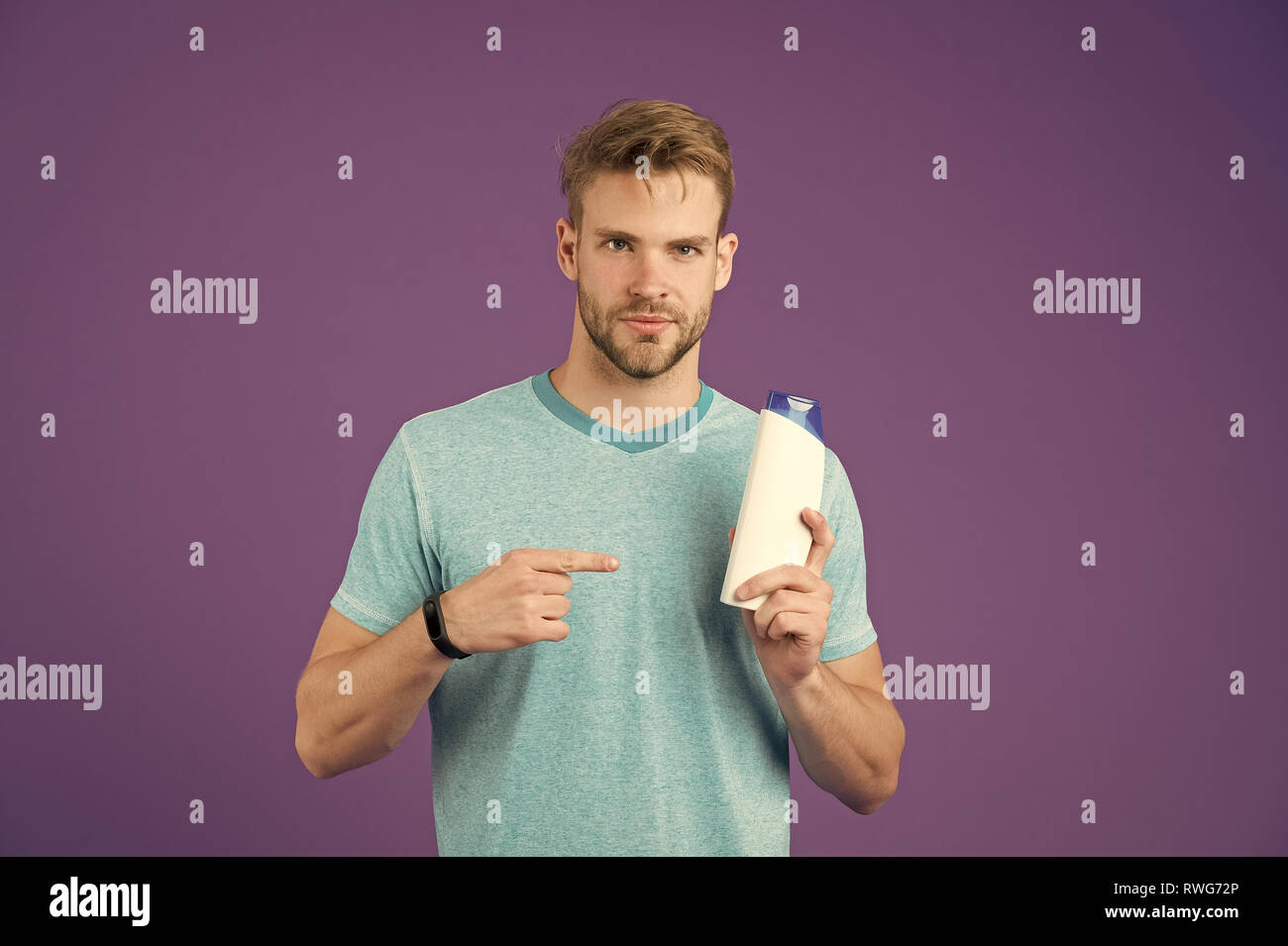 Beauty Advice Man Stylish Hairstyle Holds Hair Conditioner Violet