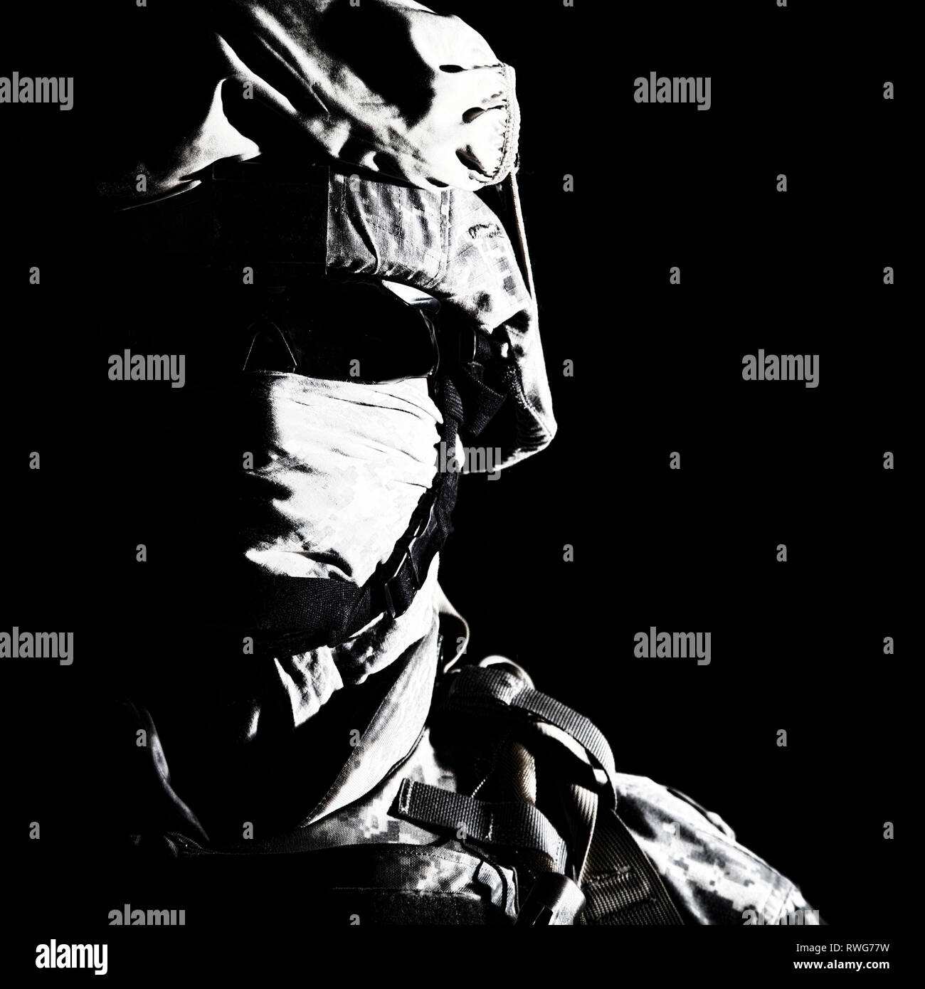 Close-up portrait of soldier with obscured face. Stock Photo