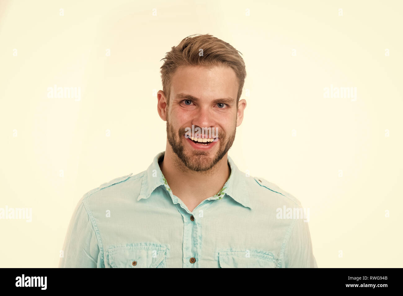 Man With Perfect Smile On Unshaven Face Isolated On White