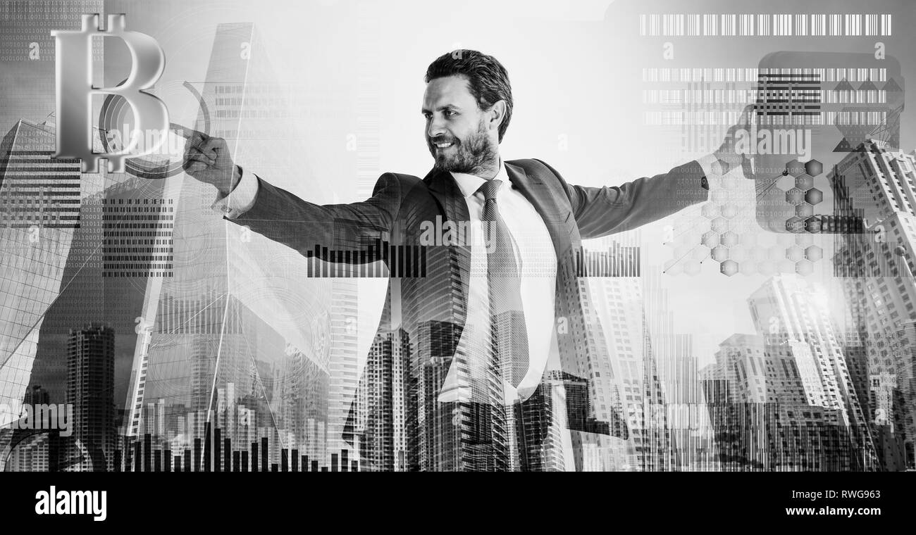 Get started with bitcoin. Calculate bitcoin mining profitability.  Businessman interact digital surface crypto currency bitcoin. Digital business  crypto currency. Bitcoin currency investment strategy Stock Photo - Alamy