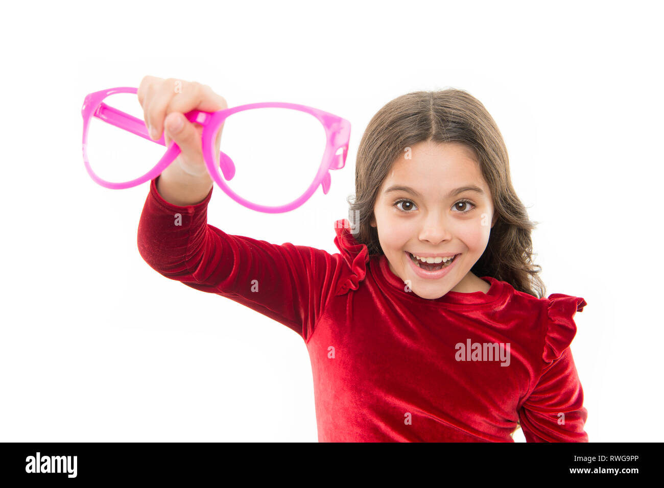 Child happy with good eyesight. Eyesight and eye health. Improve eyesight. Girl kid wear big
