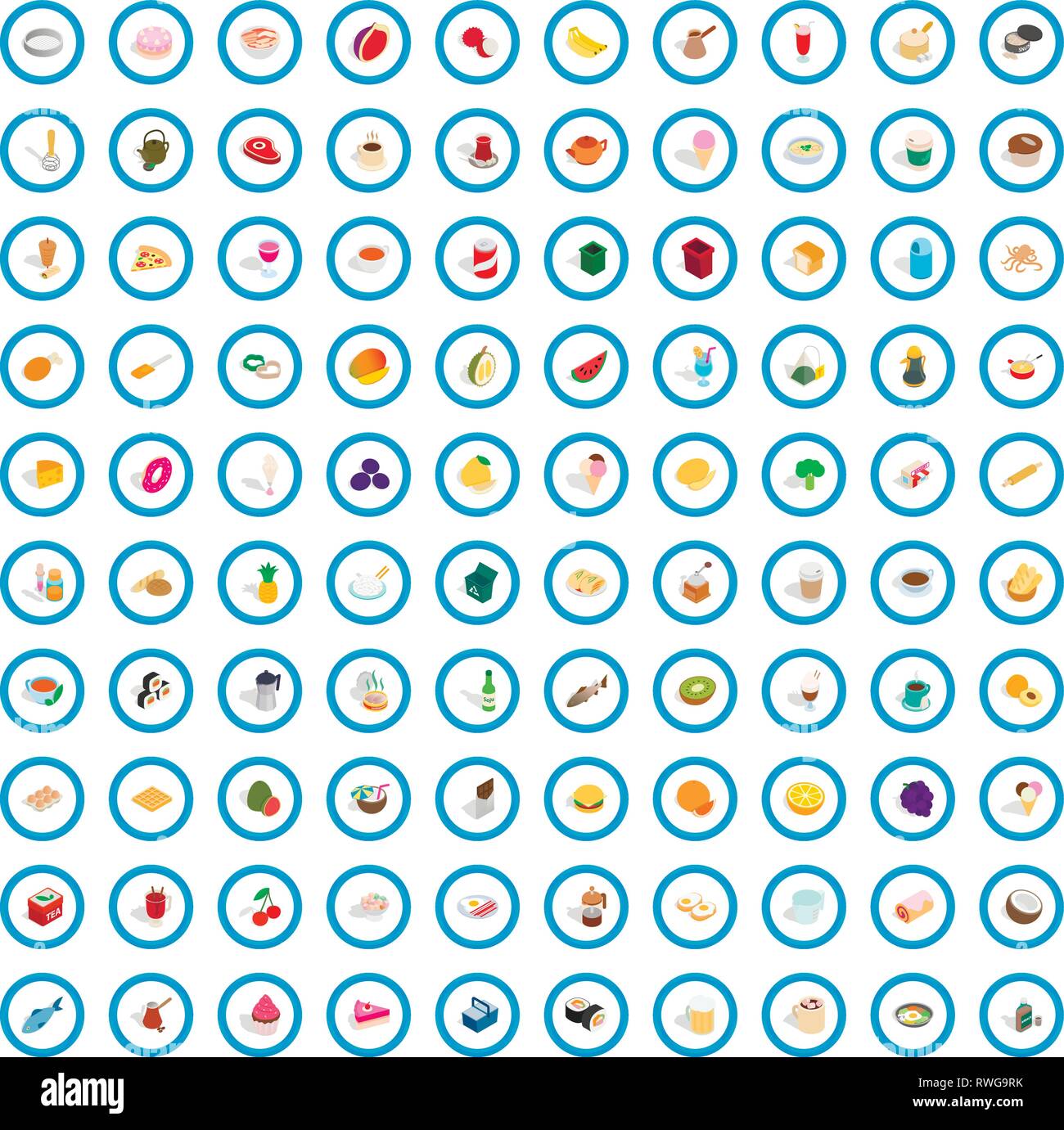 100 culinary icons set, isometric 3d style Stock Vector