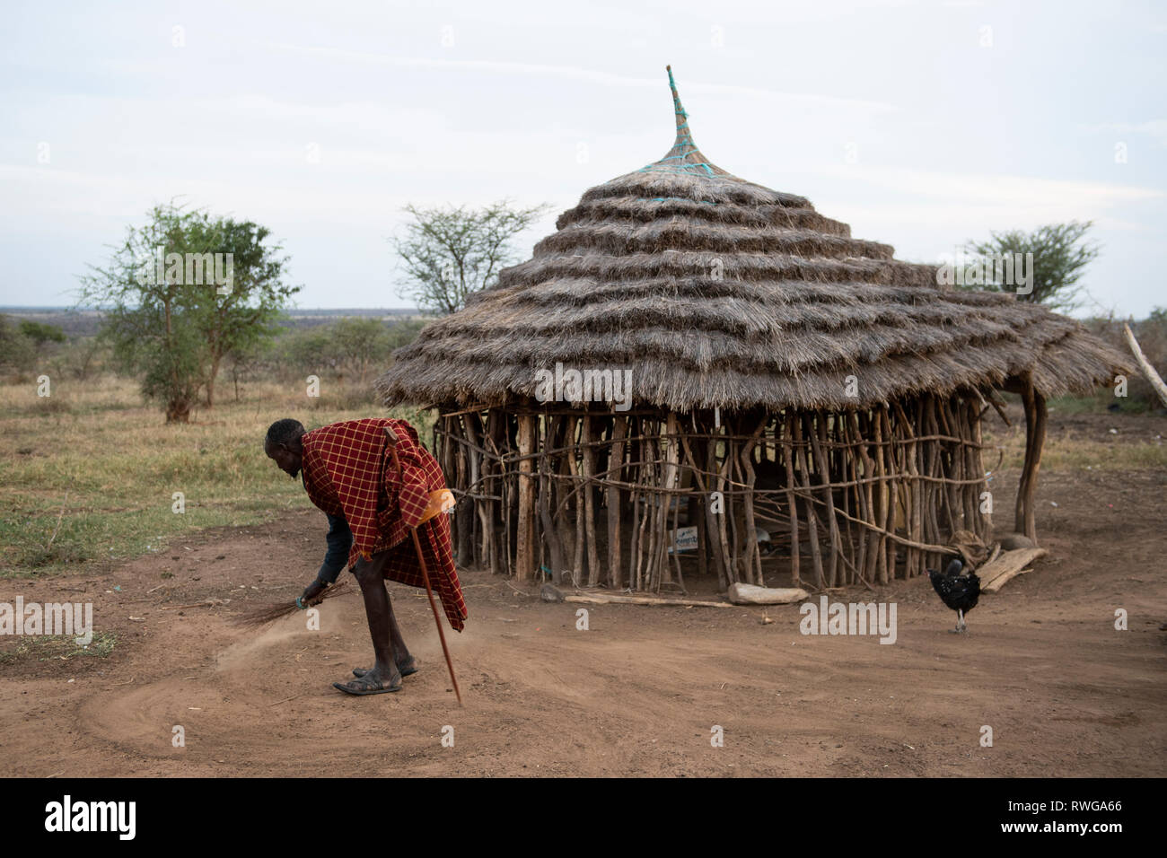 Karamojong man sweeping in village, northern Uganda Stock Photo