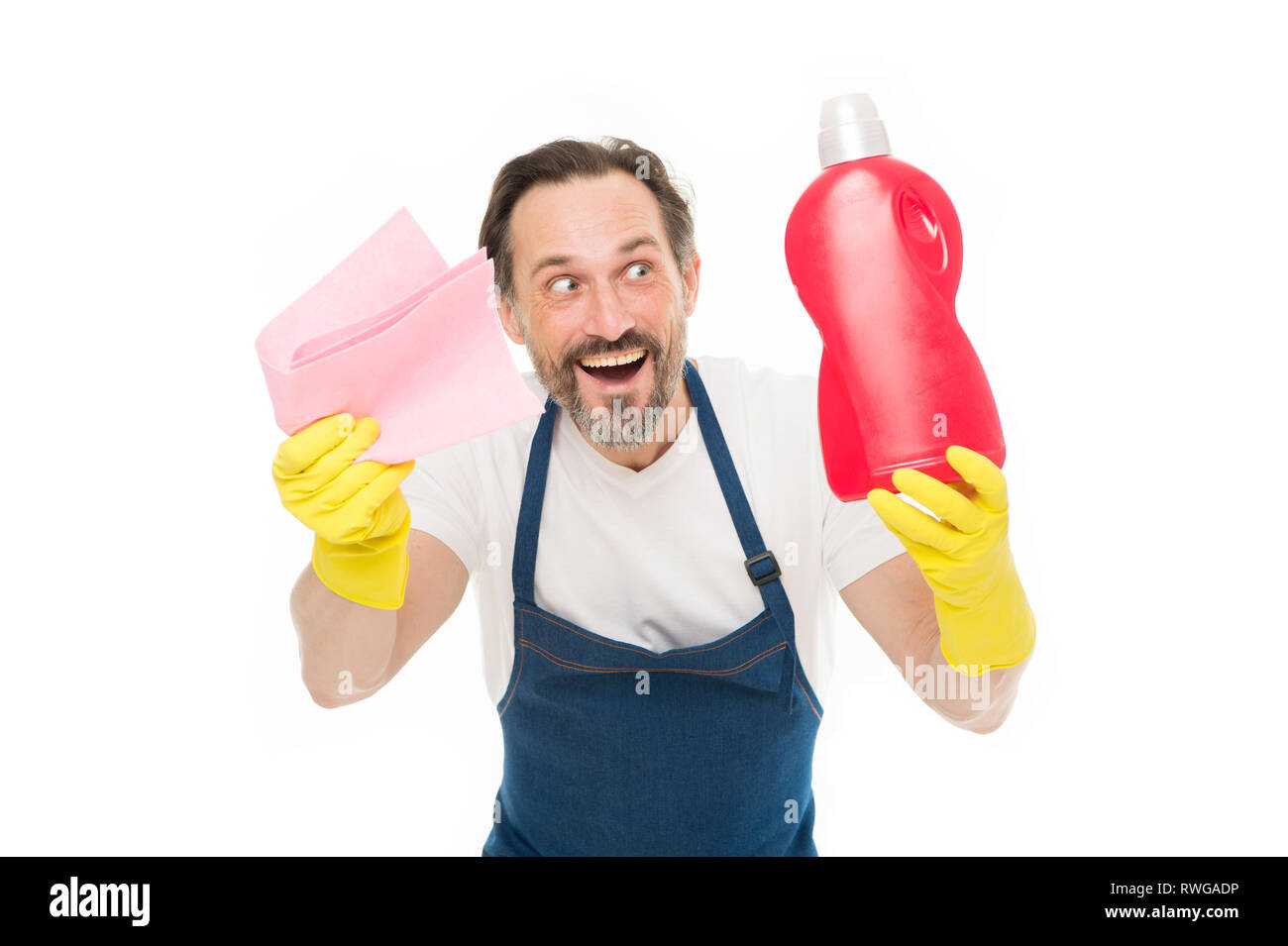 Smart cleaning solution. Cleaning service and household duty. Man in