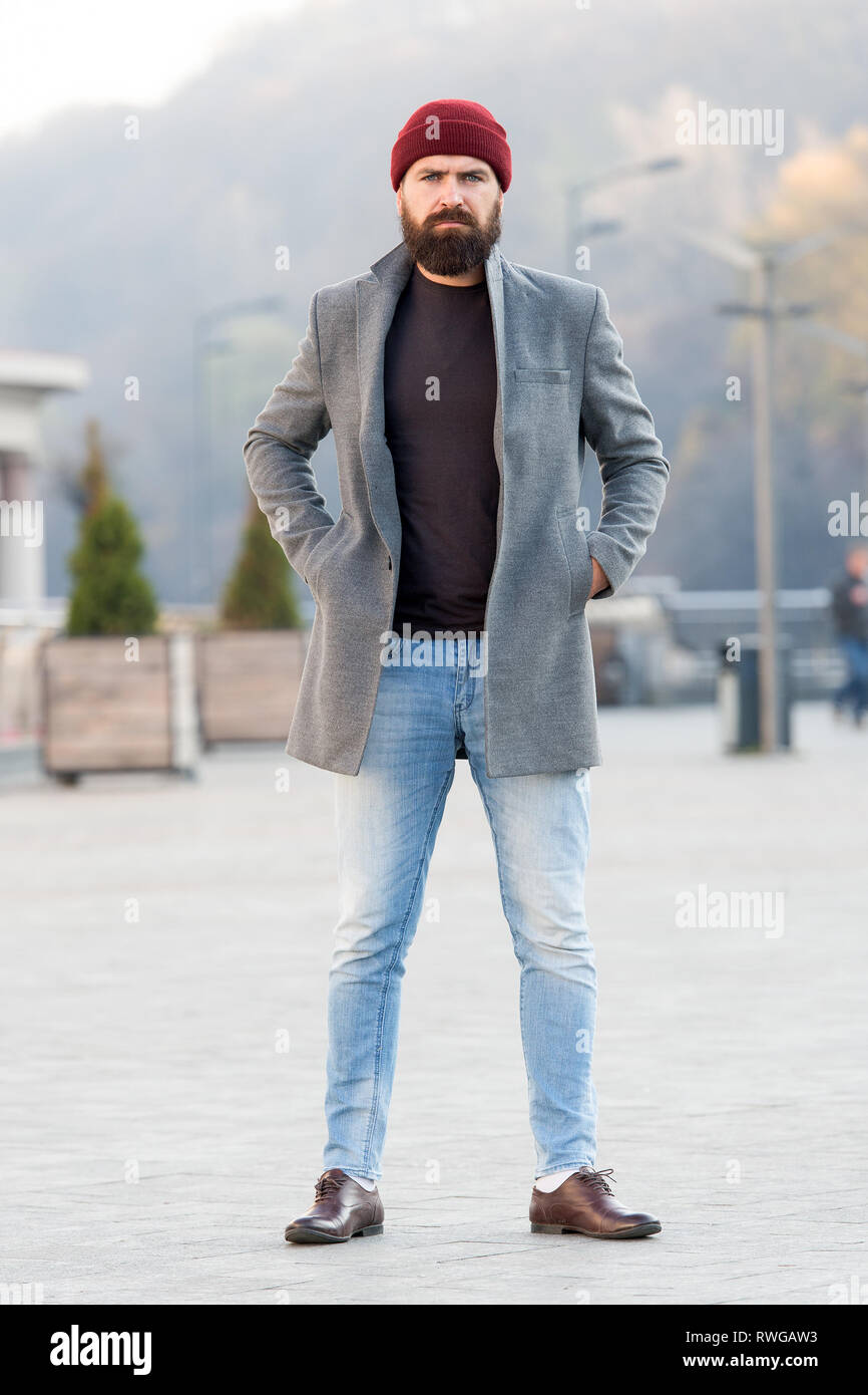 Hipster outfit and hat accessory. Stylish casual outfit spring season.  Menswear and male fashion concept. Man bearded hipster stylish fashionable  coat and hat. Comfortable outfit. Refreshing walk Stock Photo - Alamy
