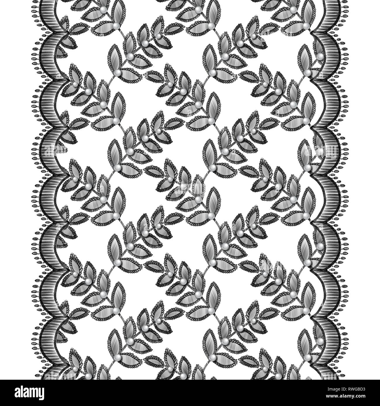 Lace seamless border with decortive leaves and pearls Stock Photo