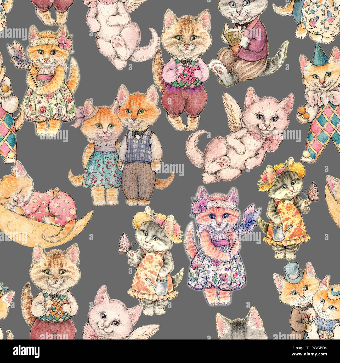 Design of the seamless pattern. Different Fairy-tale cat drawn by hand. Painted by watercolor Stock Photo