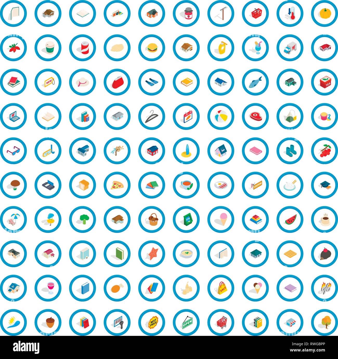 100 cute icons set, isometric 3d style Stock Vector