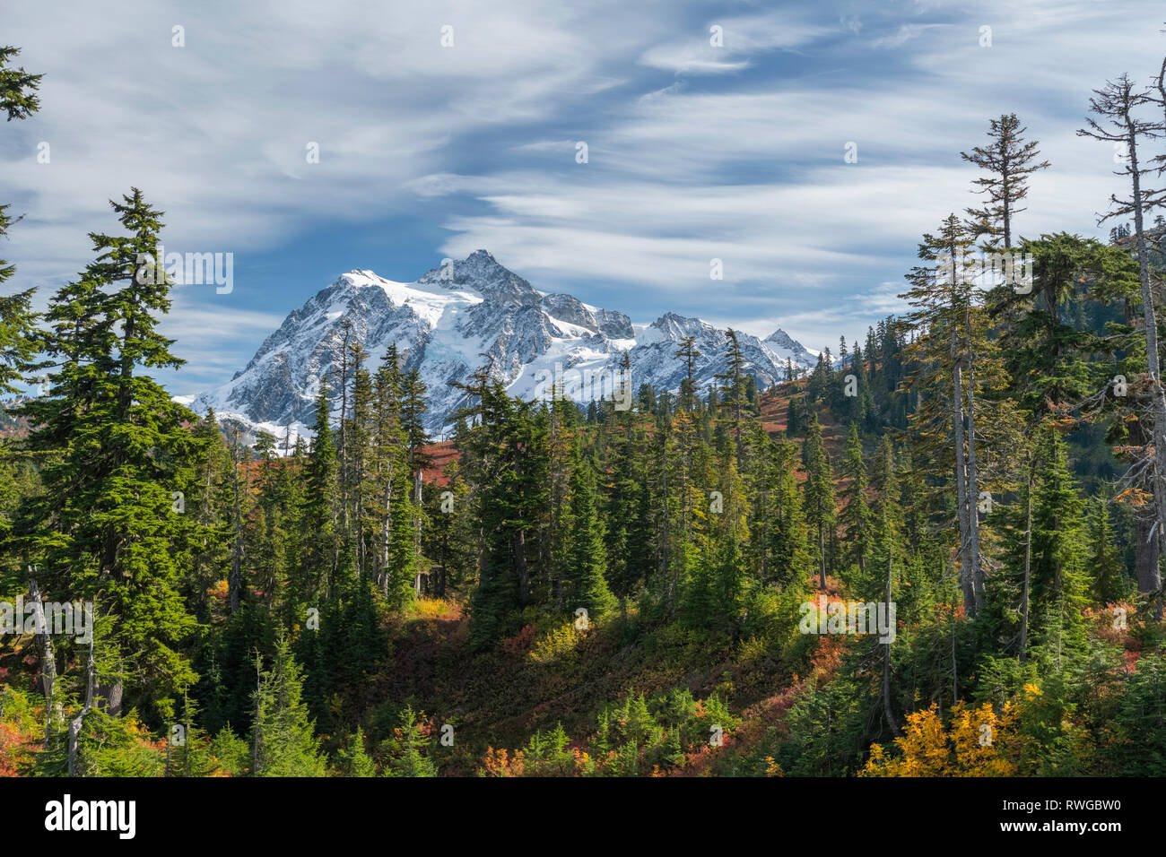 WASHINGTON - Mount Shuksan reflecting in Picture Lake in Heather Meadows Recreation Area in the North Cascades.Fall colours are abundant in the vegetation. Stock Photo