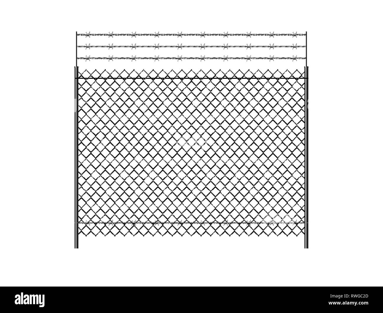 Realistic metal chain link fence. Barbed wire. Art design gate. Rabitz