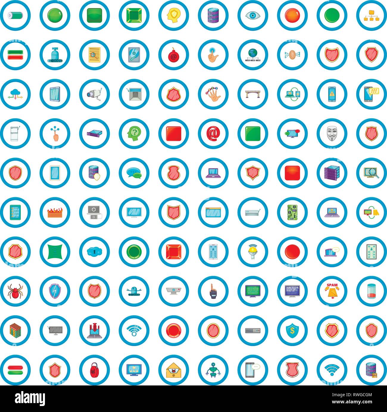 100 cyber security icons set, cartoon style Stock Vector
