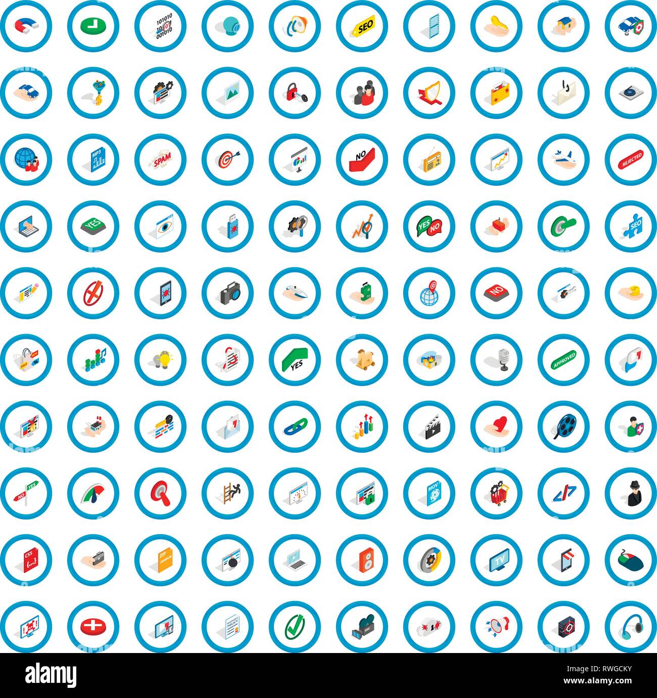 100 cyber security icons set, isometric 3d style Stock Vector