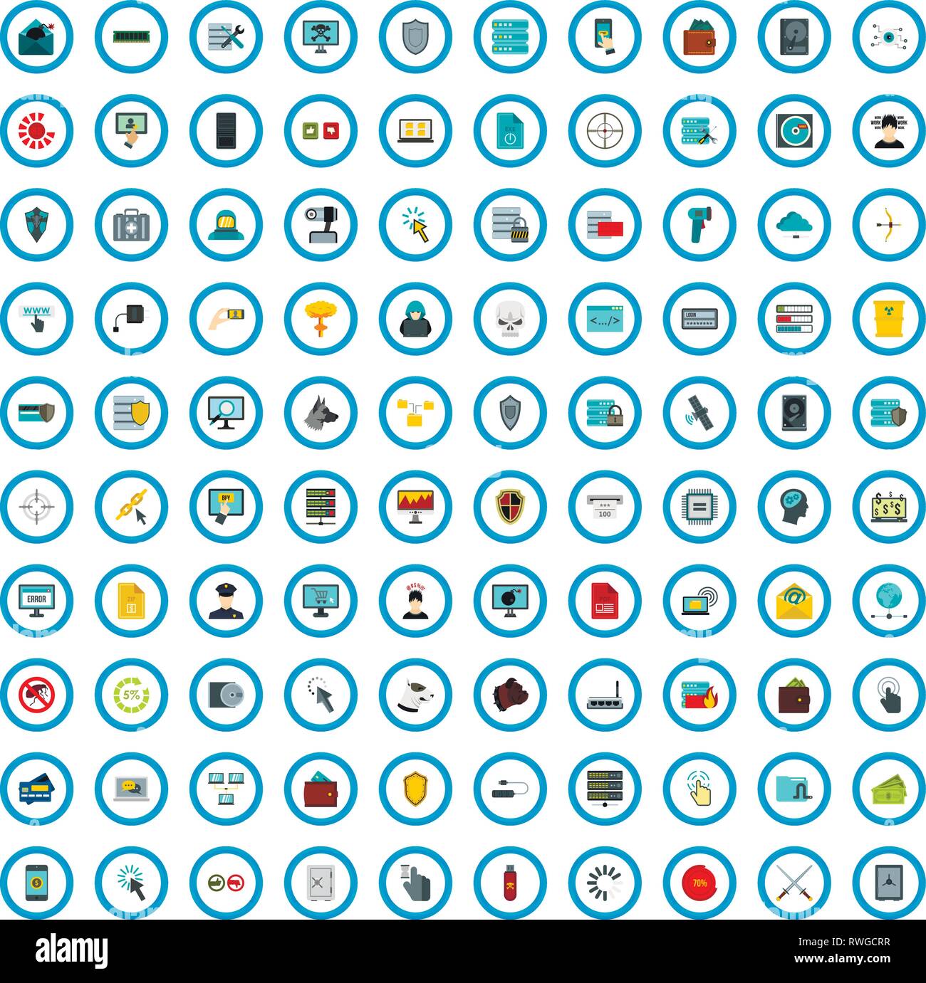 100 cyber security icons set, flat style Stock Vector