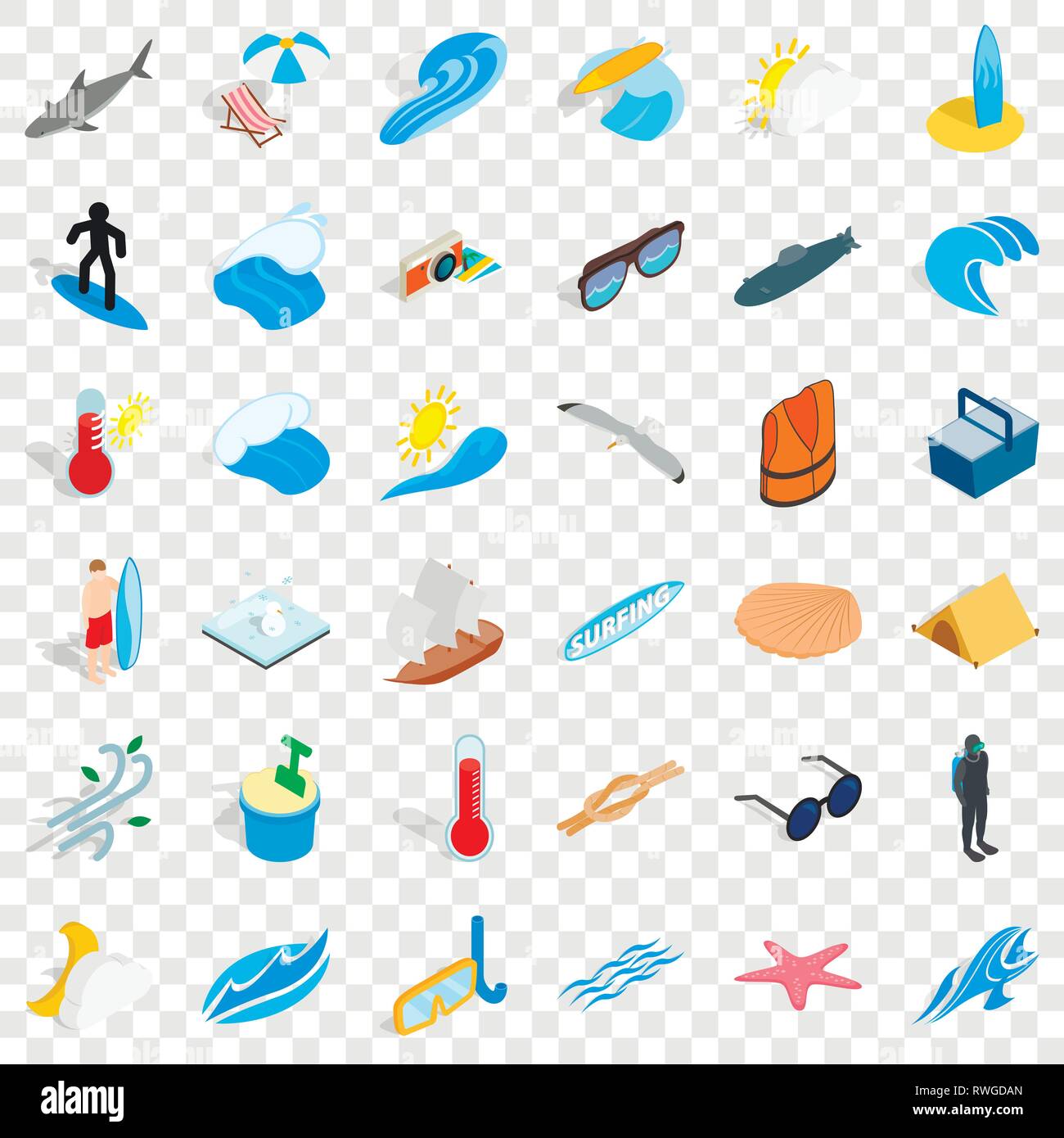 Beach icons set, isometric style Stock Vector