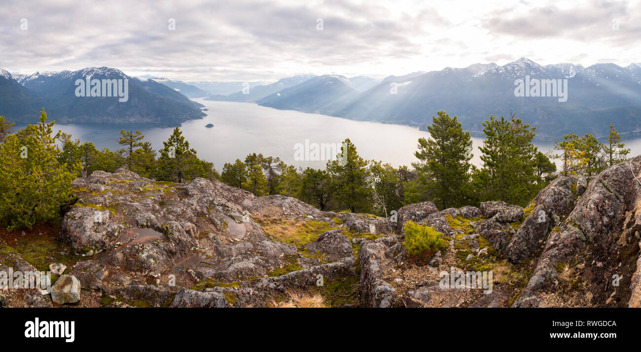 Looking North up Howe Sound from Leading Peak on Anvil Island, British Columbia, Canada. Stock Photo