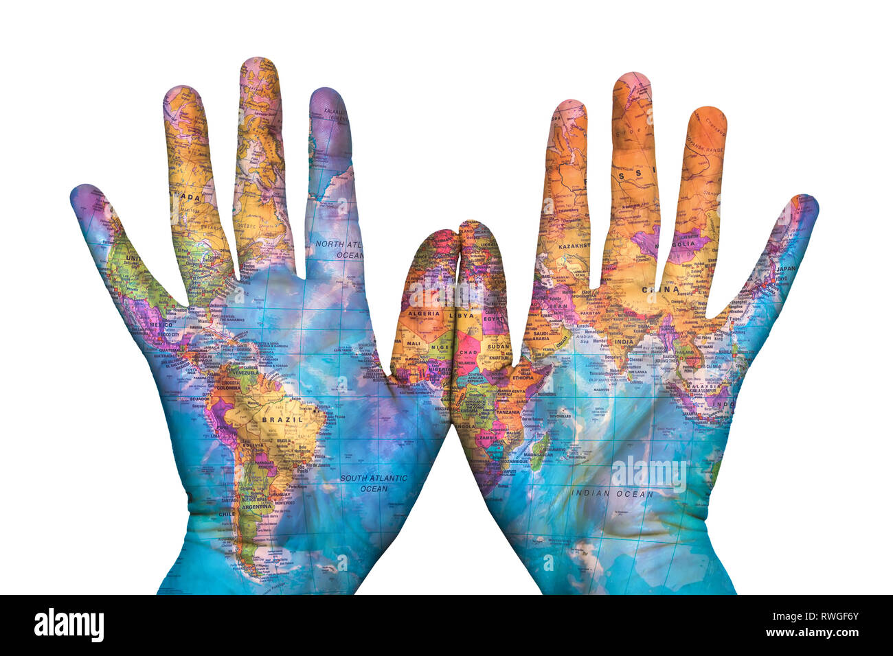 the map of the earth on his hands Stock Photo