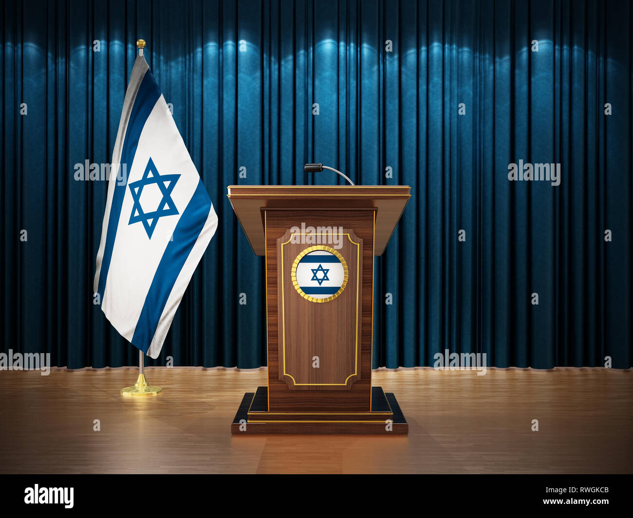 Press conference with flags of Israel and lectern against the blue curtain. 3D illustration. Stock Photo
