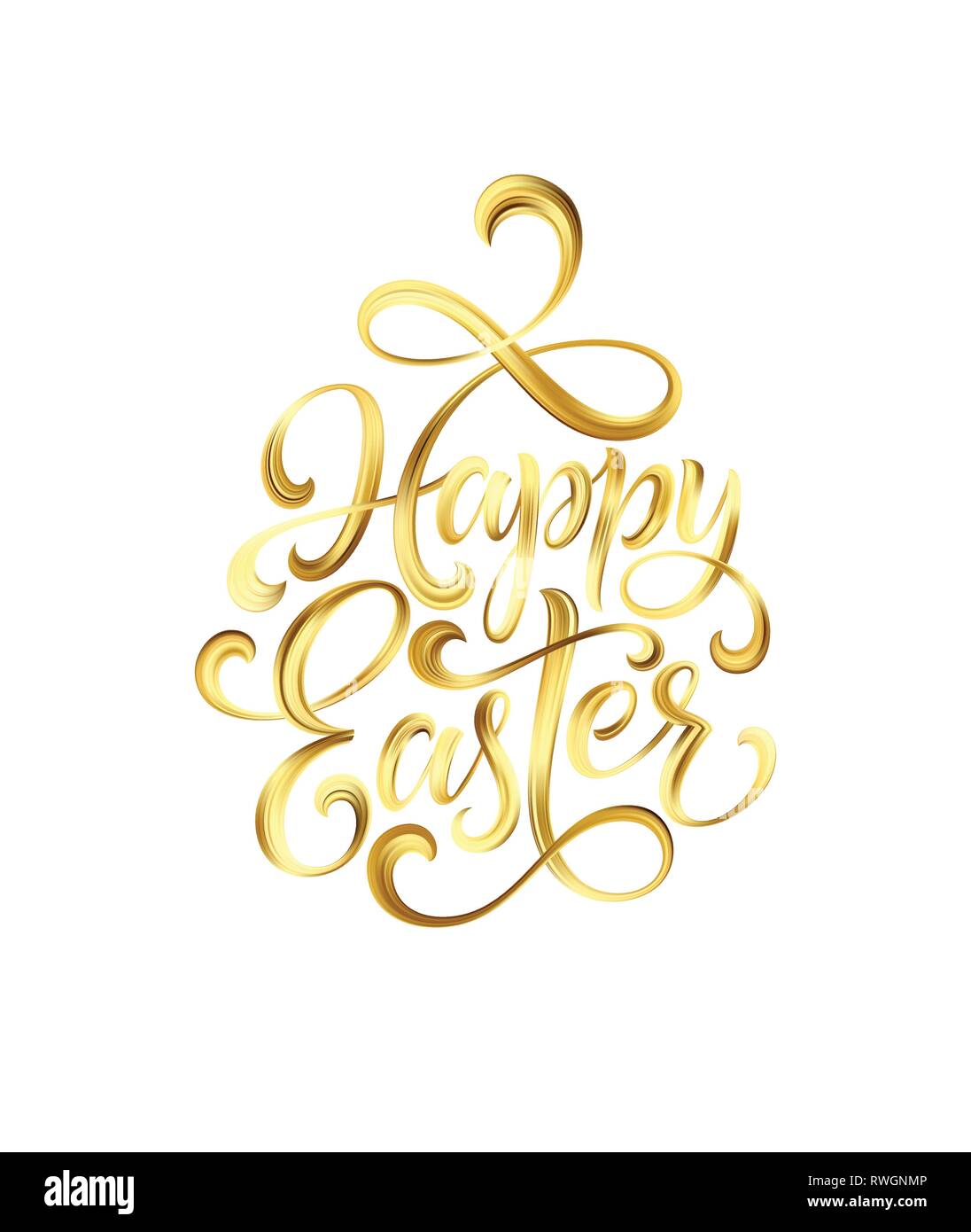 Happy Easter gold paint lettering. Hand drawn calligraphy and brush pen design for holiday greeting card and invitation. Vector illustration Stock Vector
