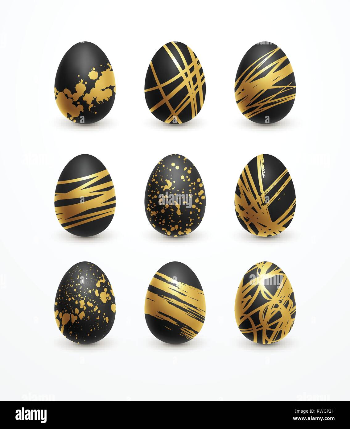 Happy Easter realistic black and golden shine decorated eggs set. Vector illustration Stock Vector